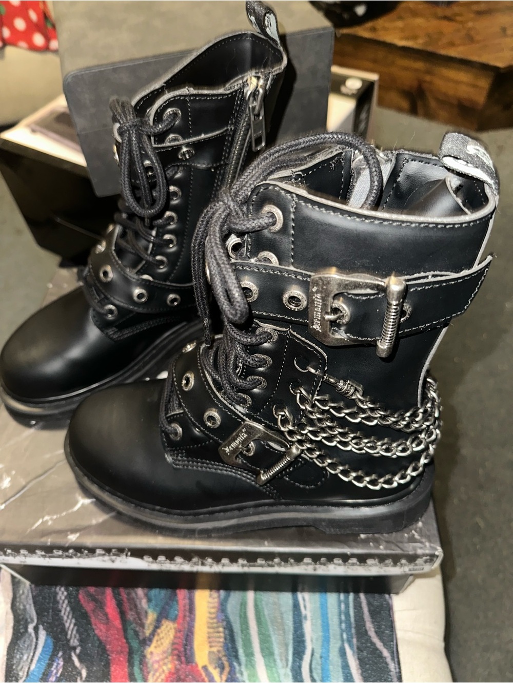 Demonia Black Platform Goth Lace-Up Boots with Chains - Picture 3 of 6